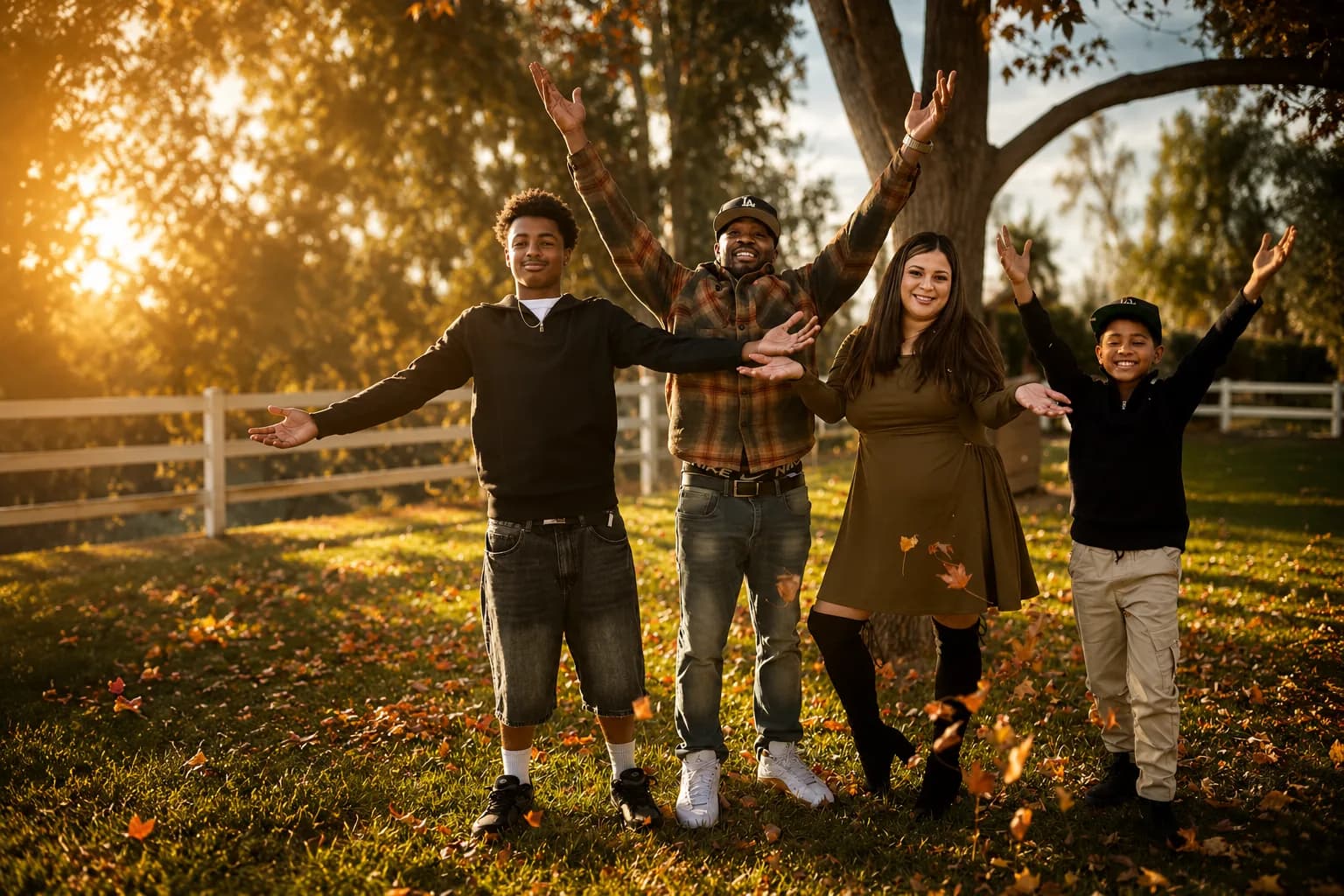 A family of four, arms raised together in an autumn park.