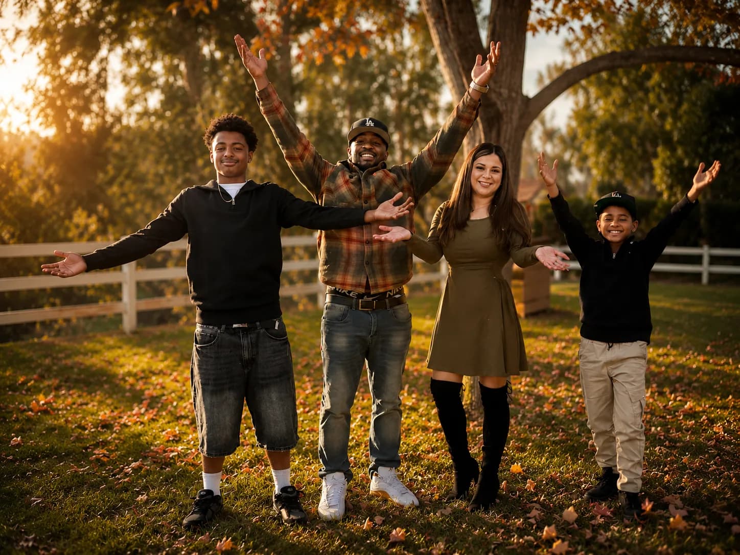 A family celebrating together outdoors, golden autumn light behind them.