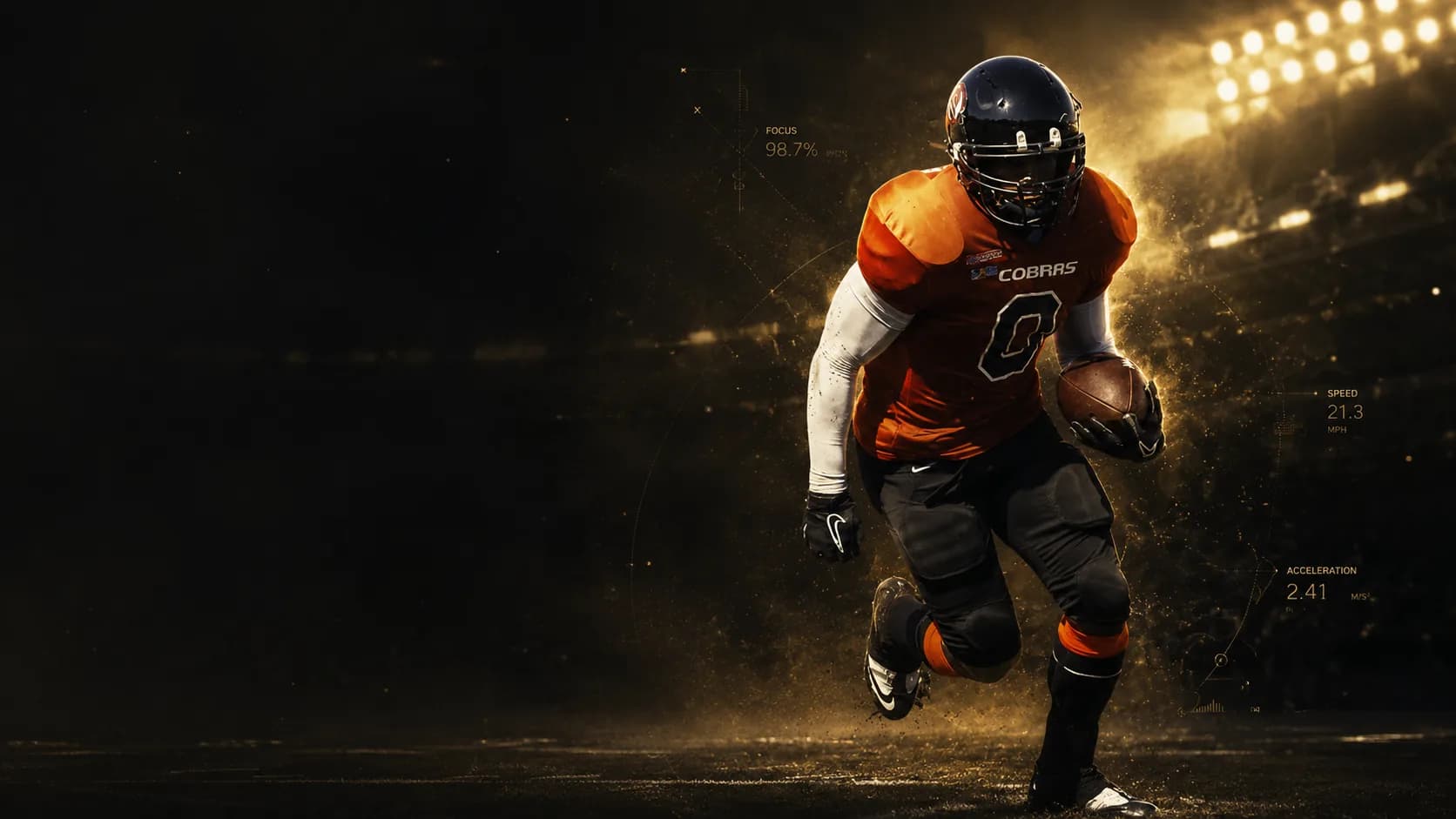 A running back breaking downfield, dust and light trailing behind him.