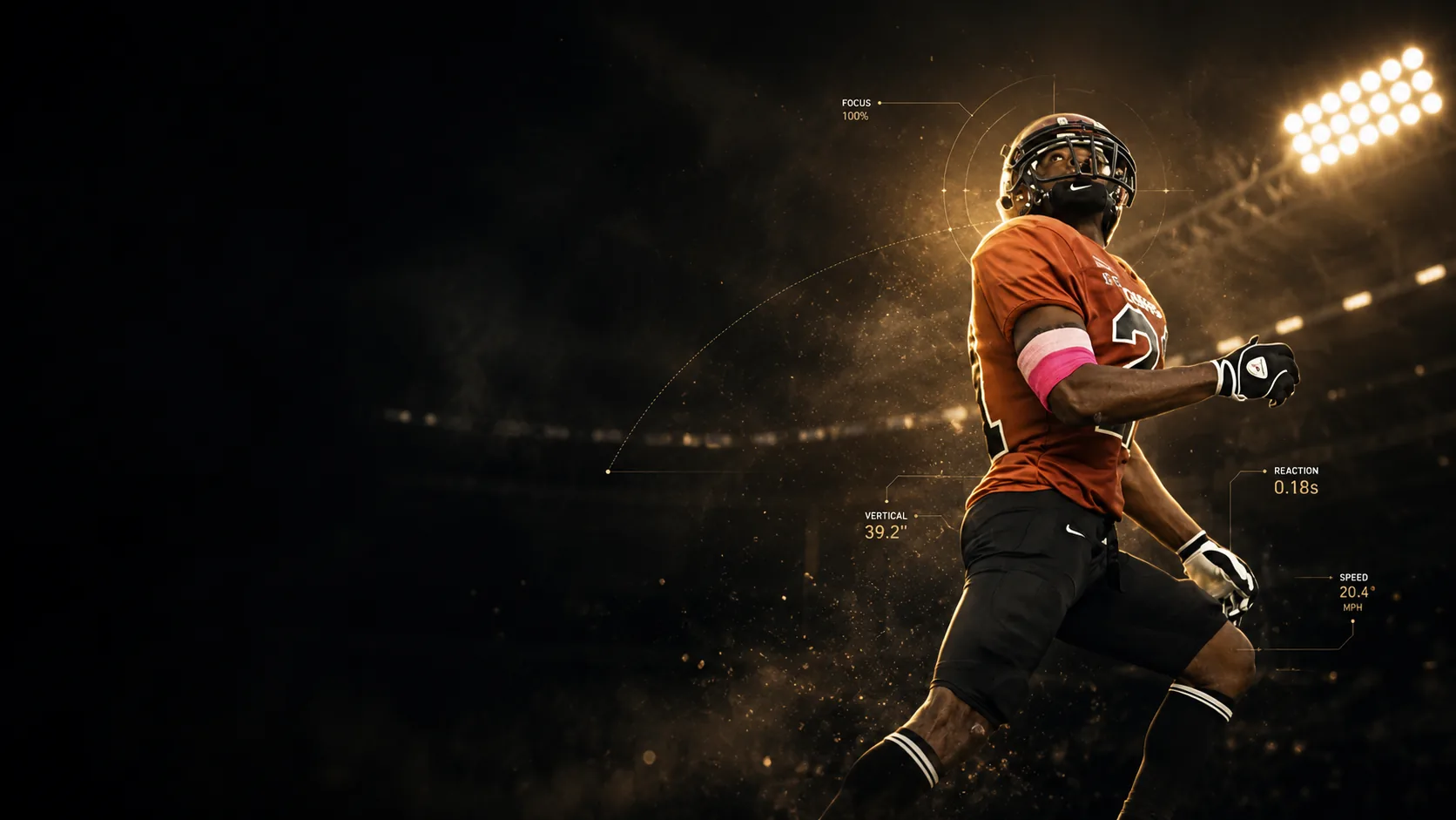 A FitTechGuru athlete at full stride under the lights, focus and speed traced in gold.