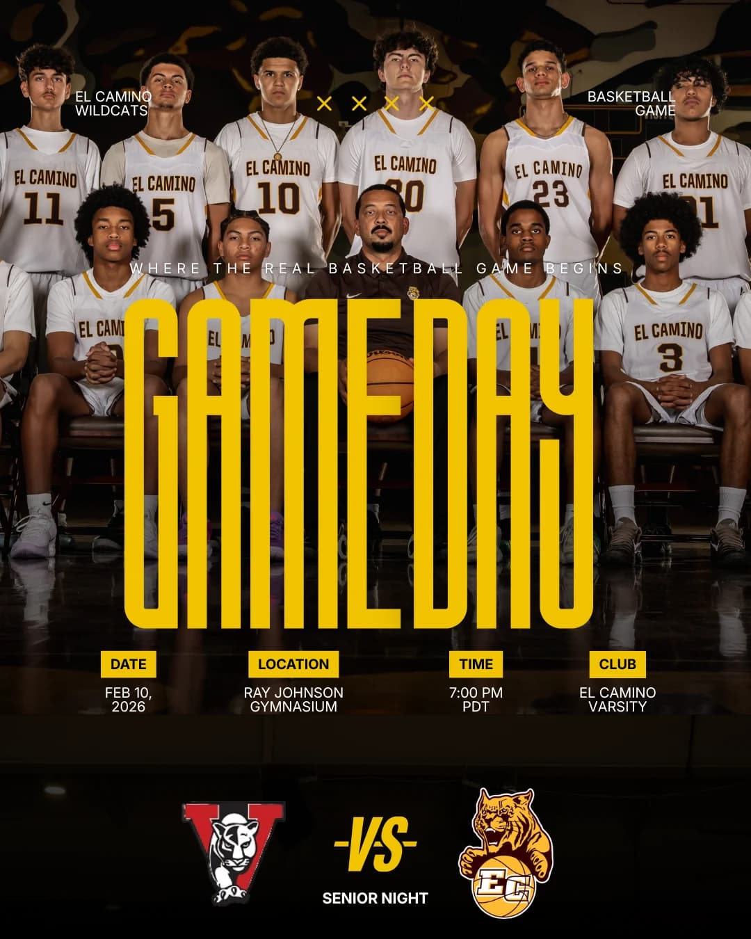 Senior Night game-day graphic for the El Camino Wildcats.
