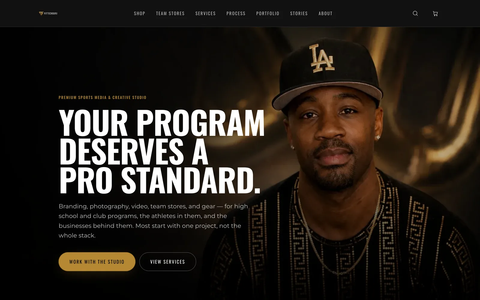 The FitTechGuru homepage as it renders in a desktop browser — condensed display headline over a founder portrait, with the primary navigation above it.